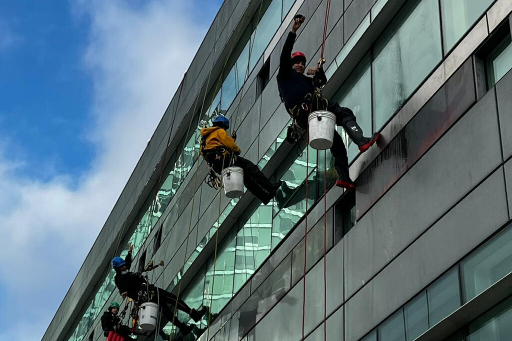 Rope access team cleaning windows on a low rise